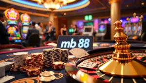 Exciting casino scene highlighting the mb 88 betting interface with poker chips and roulette wheel.