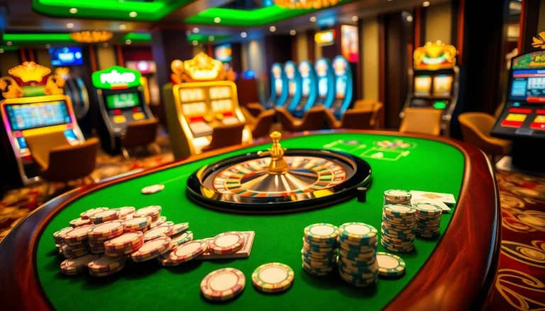 A thrilling casino gaming scene with roulette, cards, and chips at https:/nk88.us.com/ for epic gambling experiences.