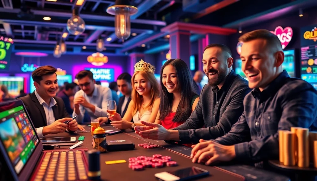 Engaging online gambling scene showcasing players at stimmgewitter.org with poker, slots, and sports betting elements.