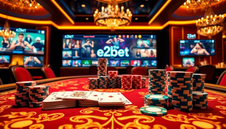 e2bet players engaging with poker chips and cards at a vibrant casino table