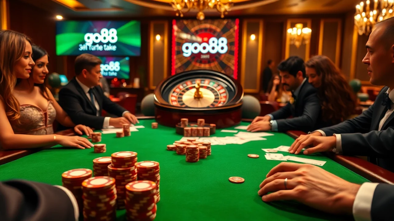 Experience the thrill of gambling at a luxurious go88 poker table surrounded by excitement and high stakes.