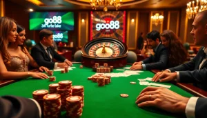 Experience the thrill of gambling at a luxurious go88 poker table surrounded by excitement and high stakes.