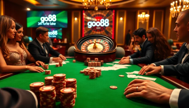Experience the thrill of gambling at a luxurious go88 poker table surrounded by excitement and high stakes.