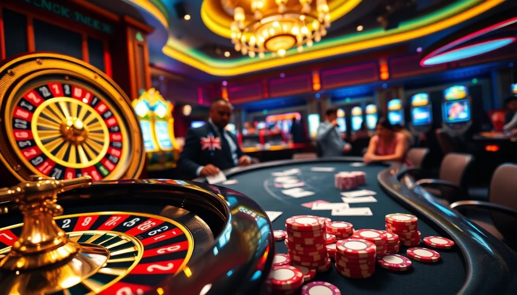 Engage with MB66 at a vibrant casino, showcasing roulette, poker, and slot machines in an exciting atmosphere.