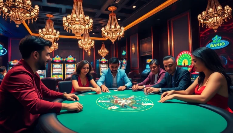 HitClub poker players analyze their hands in an upscale casino ambiance.