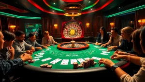 Engaging casino scene depicting players registering at xx88, vibrant poker table with chips and cards.
