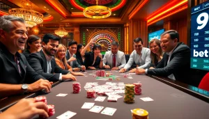 Experience the excitement of a casino scene with 9bet, showcasing poker and betting action.