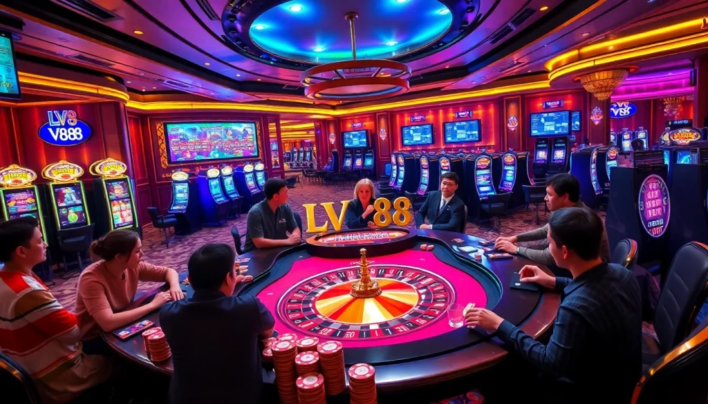 Engaged players enjoying LV88-themed casino games with vibrant slot machines and roulette.