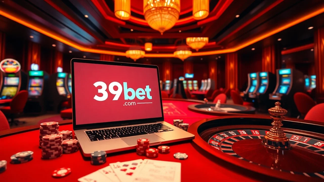 Engage with thrilling games at 39bet.com, showcasing a luxurious casino ambiance with poker chips and roulette.