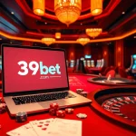 Engage with thrilling games at 39bet.com, showcasing a luxurious casino ambiance with poker chips and roulette.