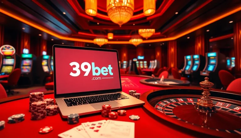 Engage with thrilling games at 39bet.com, showcasing a luxurious casino ambiance with poker chips and roulette.