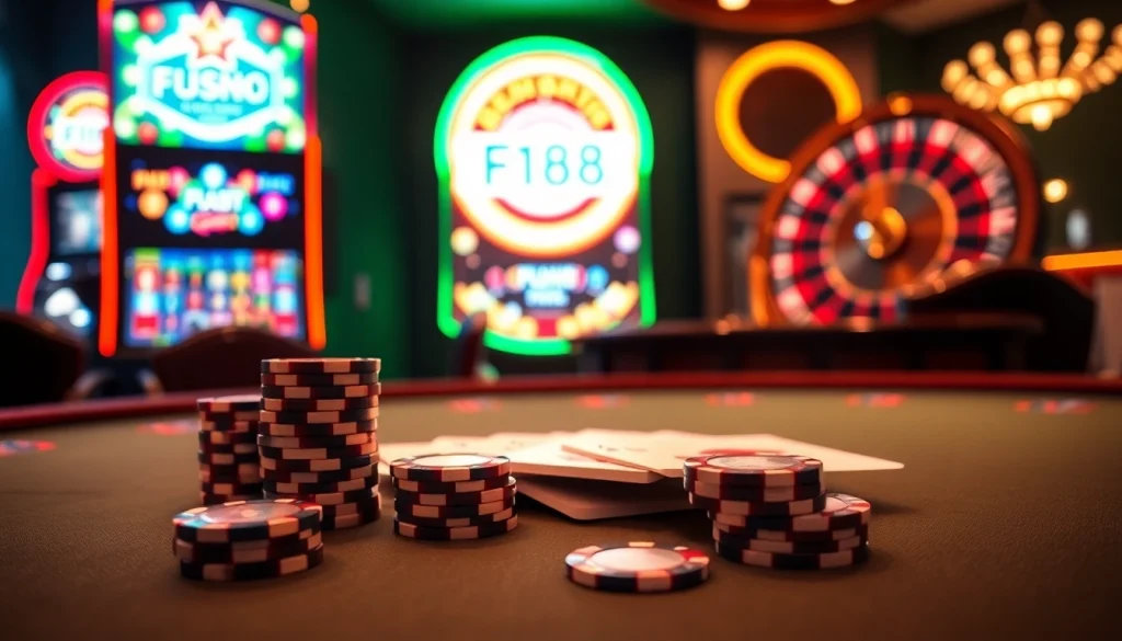 F168 logo on vibrant casino poker table with cards and chips featured prominently.