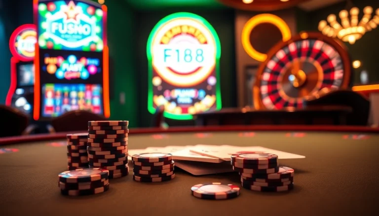 F168 logo on vibrant casino poker table with cards and chips featured prominently.