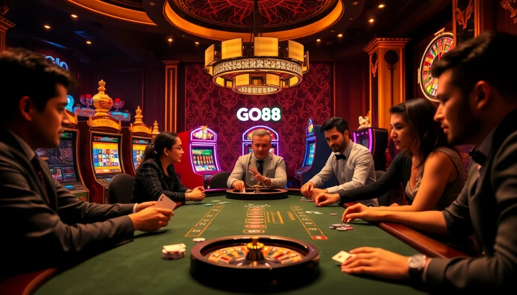 Players enjoying an exciting game at a GO88 casino table, highlighted by colorful slot machines.