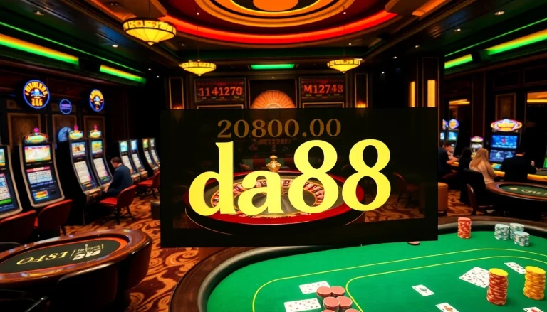 Gambling excitement with da88 displayed in a luxurious casino filled with poker tables and slot machines.