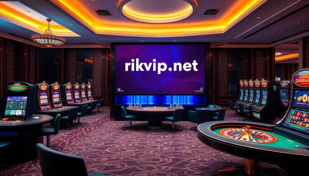 Gambling fun at rikvip.gb.net with players enjoying poker and roulette in a luxurious setting.
