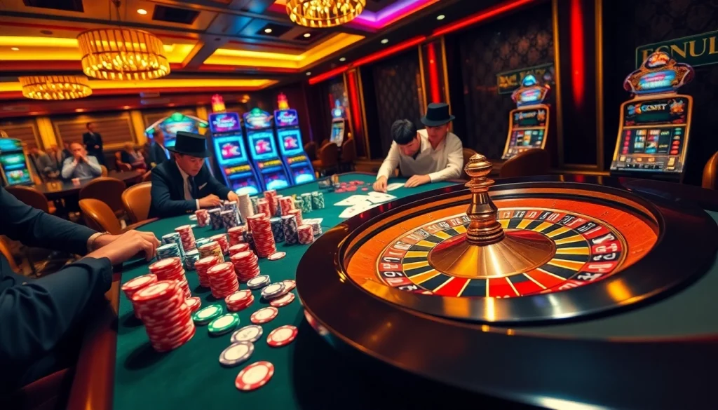 Experience the thrill of go88 play at a luxurious casino with vibrant poker games and slot machines.
