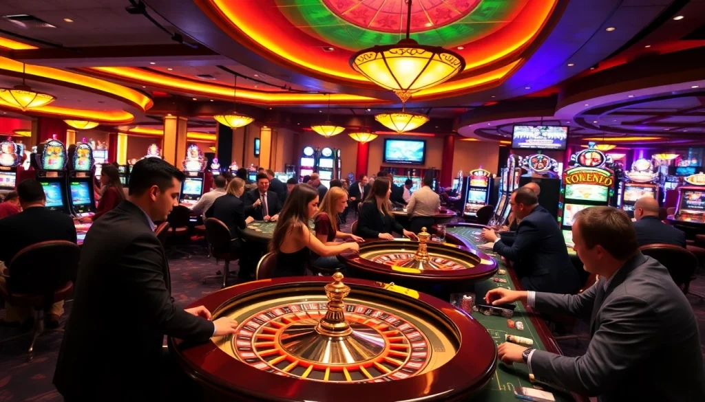 Players winning big at SODO Casino on the vibrant gaming floor with roulette and poker tables.