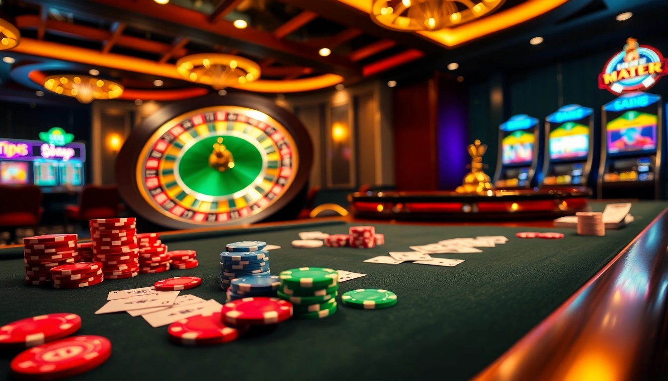 Experience the thrill of gambling at https://lu88vip.net/ with vibrant poker chips and a roulette wheel.