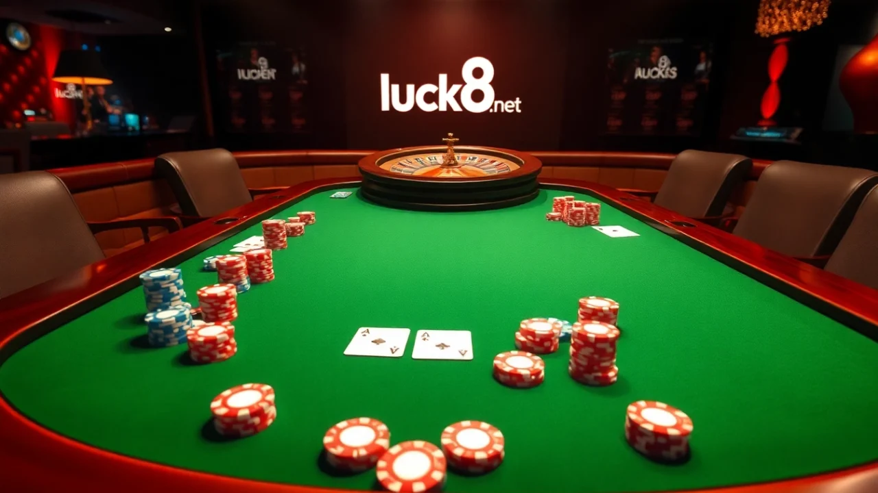Trải nghiệm trò chơi đầy hồi hộp tại https://luck8.net với cảnh casino sống động có chip poker và bánh xe roulette.
