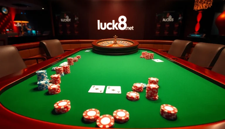Trải nghiệm trò chơi đầy hồi hộp tại https://luck8.net với cảnh casino sống động có chip poker và bánh xe roulette.