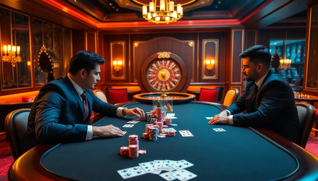 Engaged players at a high-stakes poker table, capturing the thrill of online gambling at https://rikvip1.online/.