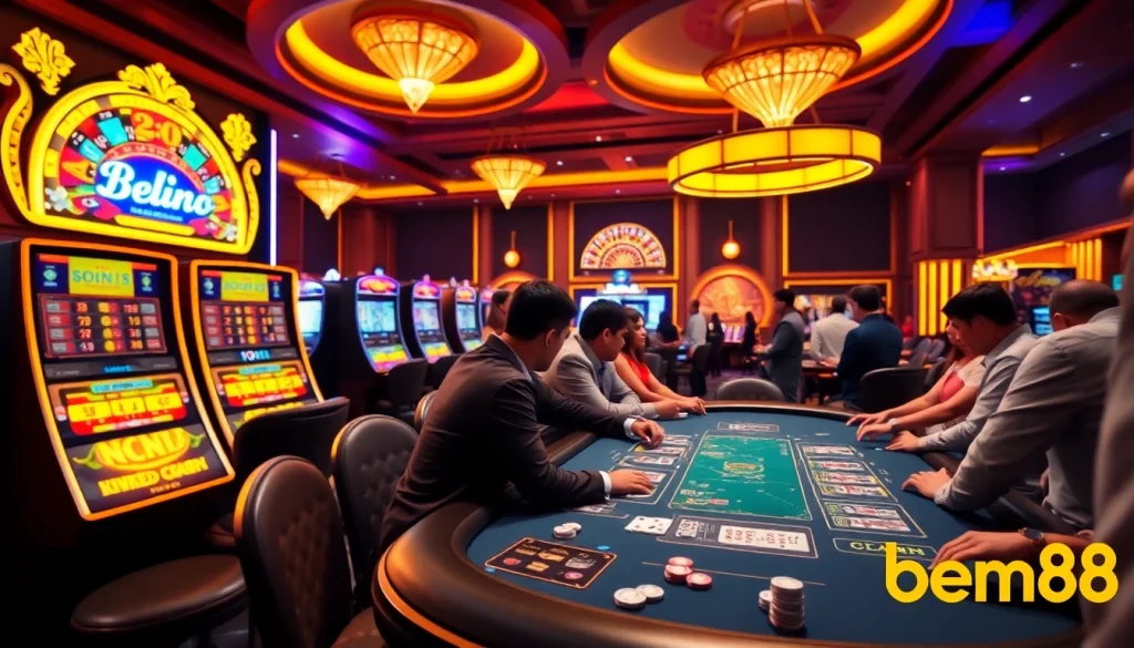 Players enjoying a vibrant poker game at bem88 casino, surrounded by bright slot machines.