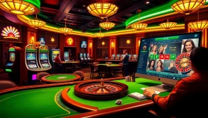 KJC liên minh poker game scene featuring vibrant slot machines and strategic gameplay.