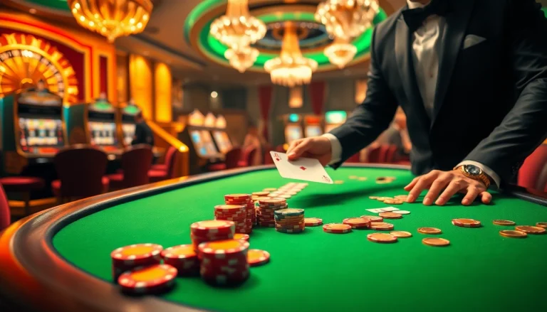 Experience high-stakes gambling at a s8 casino table adorned with vibrant chips and roulette wheels.