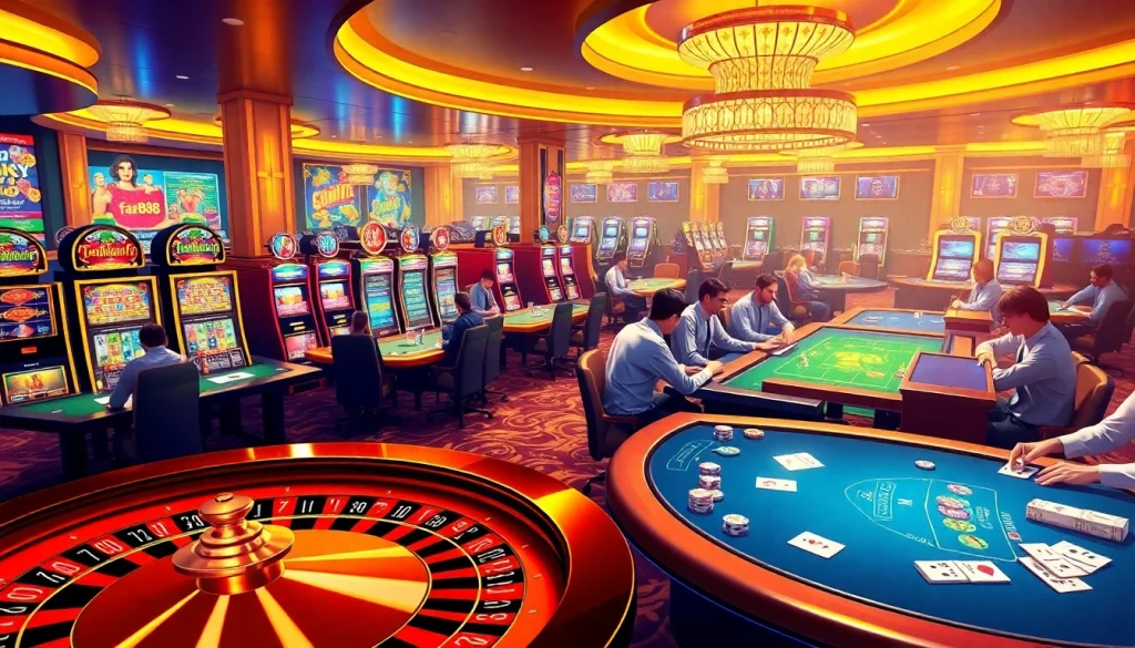 Experience thrilling gambling action with fa88 in a vibrant casino scene filled with games.