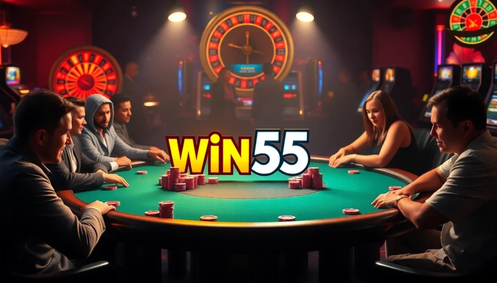Players enjoying high-stakes poker at a Win55 branded casino table, illuminated and vibrant.