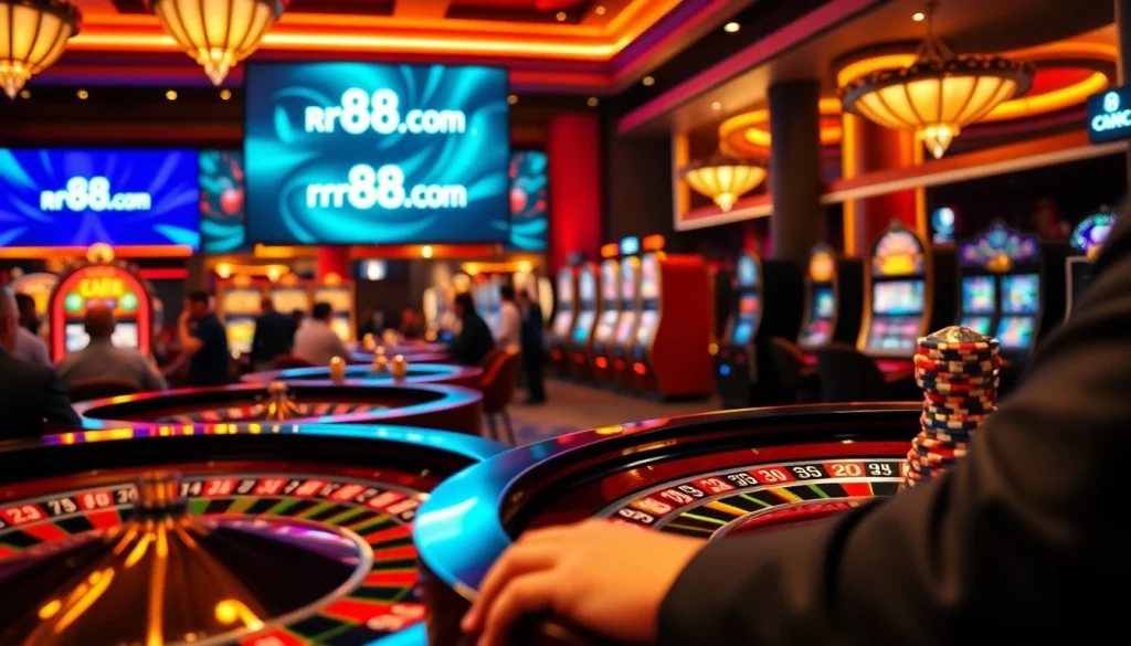 Exciting online casino scene from rr88it.com showcasing roulette and slot machines, emphasizing festive gambling atmosphere.