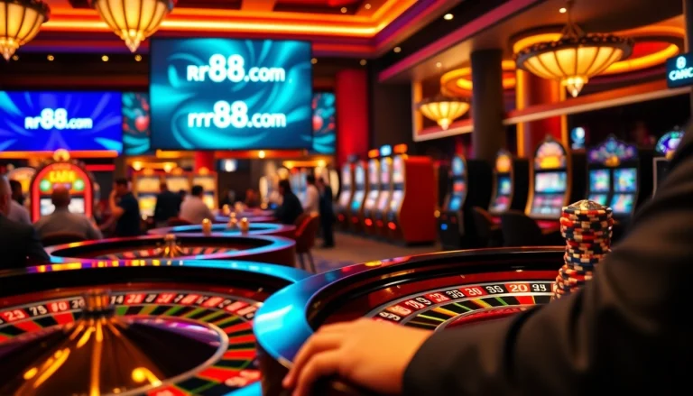 Exciting online casino scene from rr88it.com showcasing roulette and slot machines, emphasizing festive gambling atmosphere.