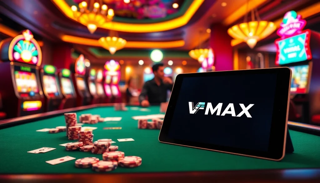 Experience vibrant gambling at https://vmax1.co/ with engaged players, colorful poker chips, and a luxurious casino atmosphere.