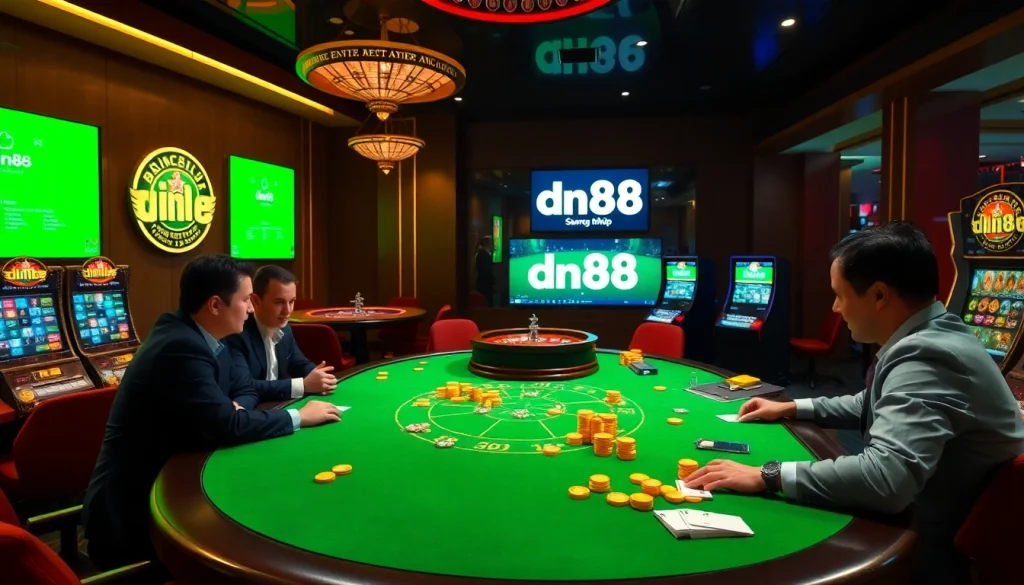 Experience the excitement of high-stakes gambling at DN88 đăng nhập with a vibrant casino scene filled with poker action.