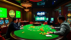 Experience the excitement of high-stakes gambling at DN88 đăng nhập with a vibrant casino scene filled with poker action.