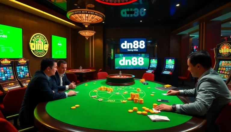 Experience the excitement of high-stakes gambling at DN88 đăng nhập with a vibrant casino scene filled with poker action.
