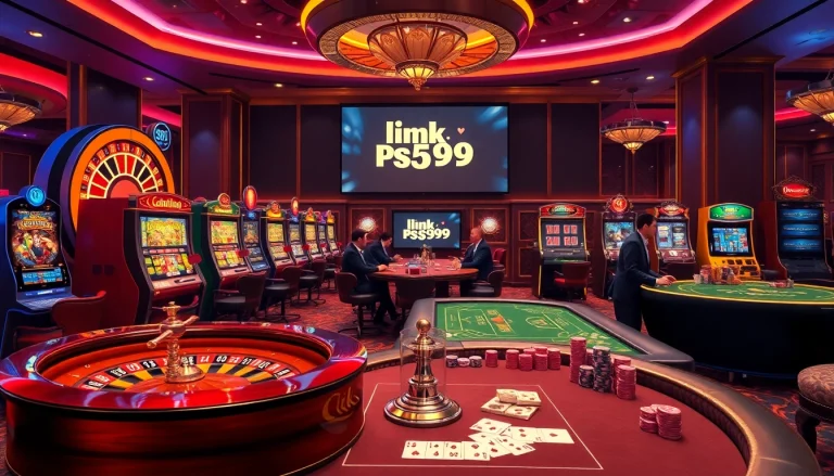 Experience the excitement of gambling with link PS99, featuring a vibrant casino scene with roulette, slots, and poker tables.