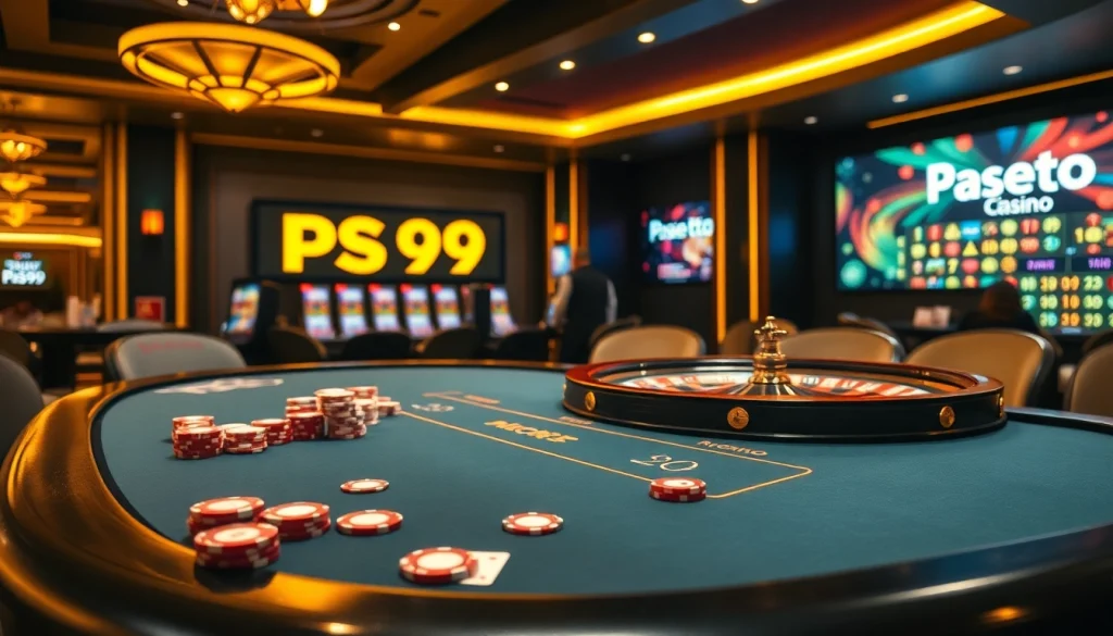 Experience the excitement of link PS99 at a luxurious casino table with poker chips and cards.