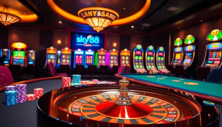 Experience the thrill of sky88 casino with vibrant chips and a roulette wheel.