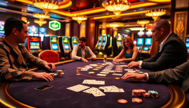 Gamblers enjoying high-stakes poker with debet chips and betting slips in a luxury casino setting.