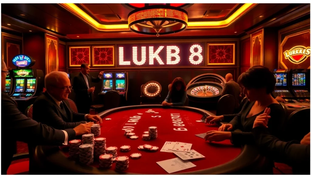 Cảnh chơi LUCK8 với các chip poker và các lá bài, thể hiện sự phấn khích trong cá cược casino.