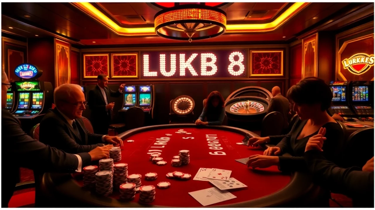 Cảnh chơi LUCK8 với các chip poker và các lá bài, thể hiện sự phấn khích trong cá cược casino.