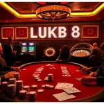 Cảnh chơi LUCK8 với các chip poker và các lá bài, thể hiện sự phấn khích trong cá cược casino.