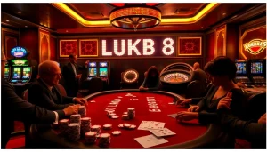 Cảnh chơi LUCK8 với các chip poker và các lá bài, thể hiện sự phấn khích trong cá cược casino.