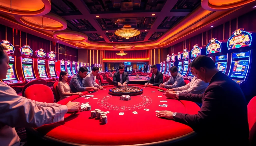 Players enjoying a thrilling poker game at SOIBET casino, showcasing excitement and luxury.