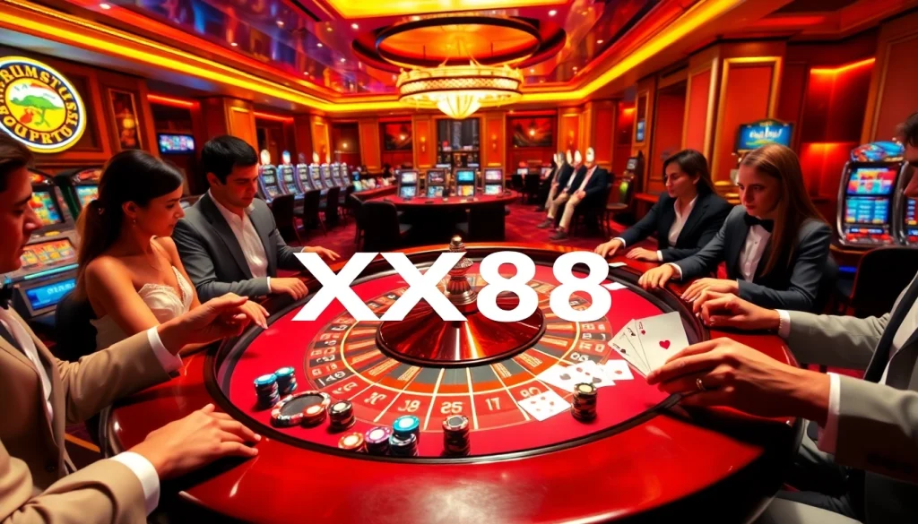 Engaged players at a luxurious casino table, experiencing the excitement of XX88 gaming.