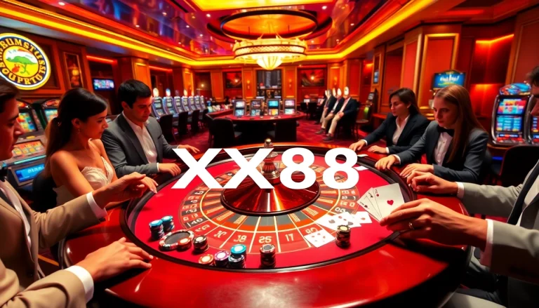 Engaged players at a luxurious casino table, experiencing the excitement of XX88 gaming.