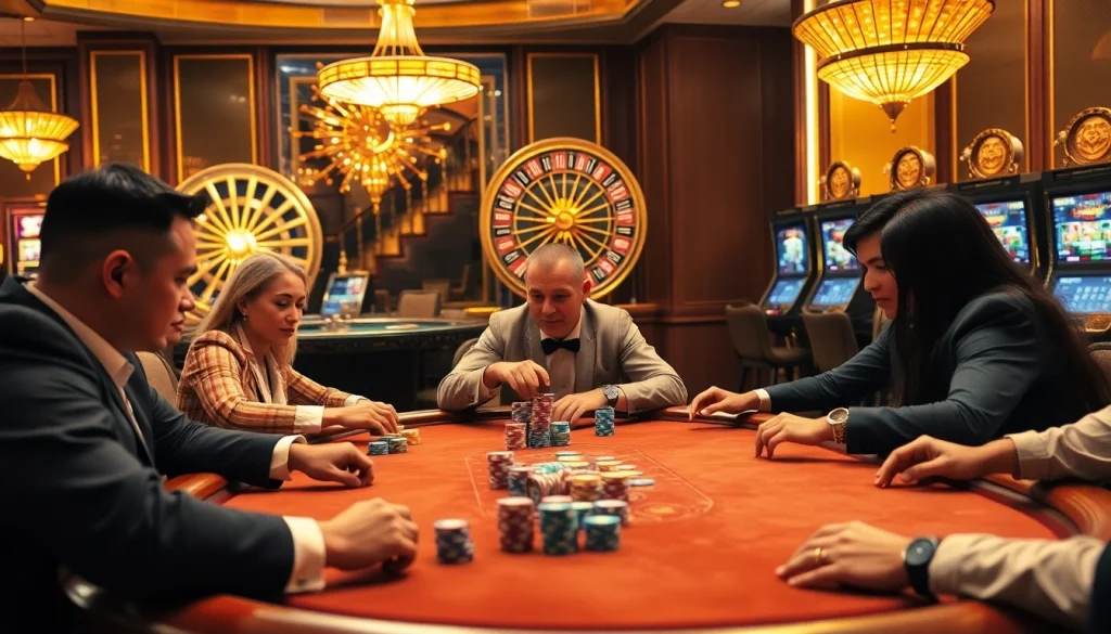 KJC liên minh poker table with players engaged in high-stakes action in a luxurious casino.