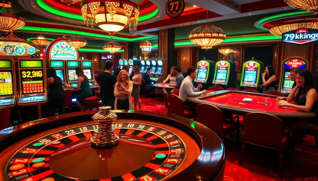 The energetic casino scene highlights the thrilling experience of 79king 7com with roulette wheels, poker tables, and joyful gamblers.